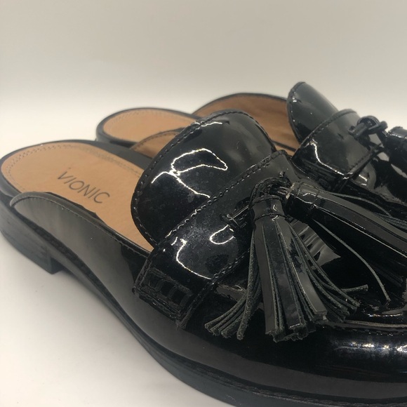 Vionic Reagan Black Patent Leather Tassel Loafers Slip On Mules - Picture 1 of 11